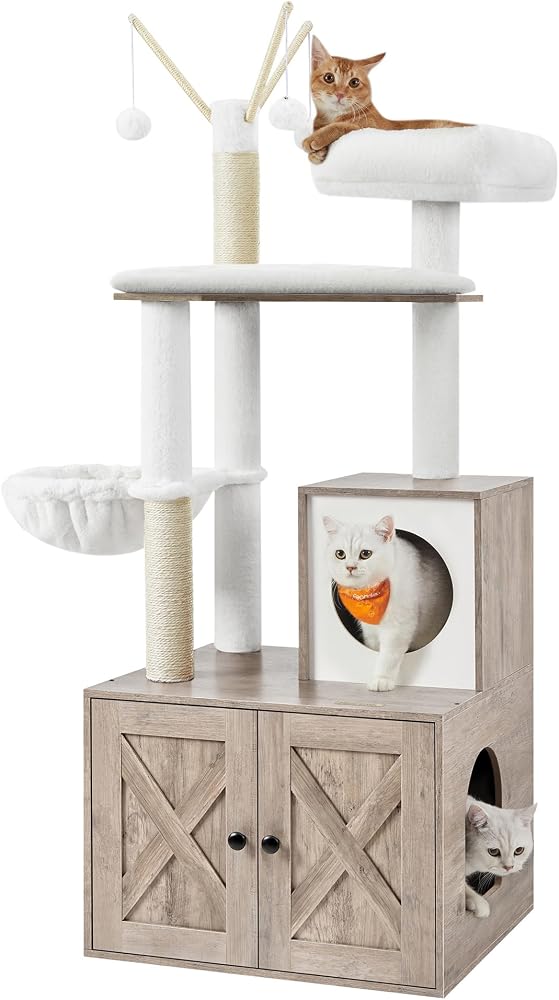 Feandrea 59-inch 2-in-1 cat tree with litter box enclosure cabinet in greige and white
