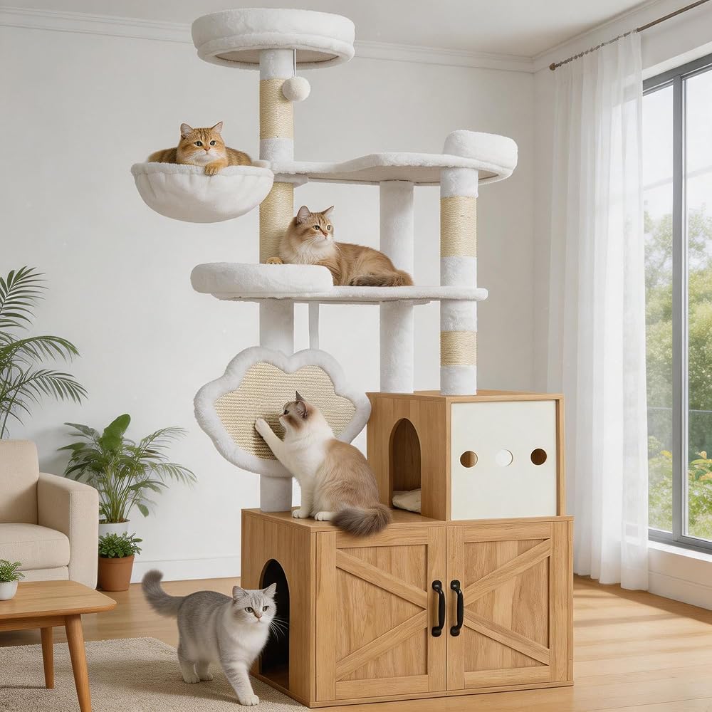 Heybly HCT105BT modern 64-inch cat tree with hidden litter box enclosure and paw-shaped scratch board