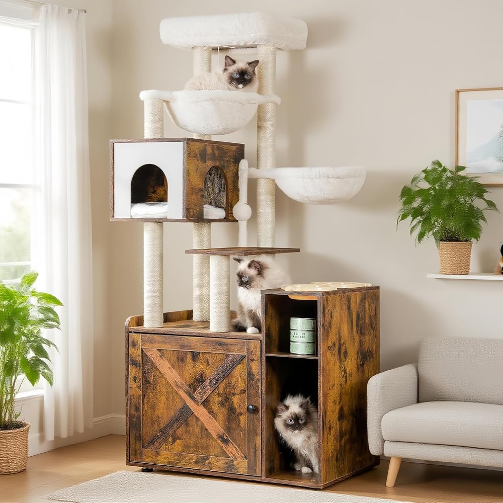 Hey-brother wooden cat tree tower MPJ115SR with litter box enclosure, condo and two hammocks