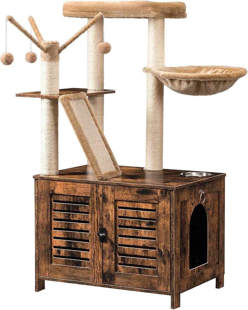 HOOBRO FG48MZ03 44-inch tall rustic brown cat tree with shuttered litter box enclosure and hammock