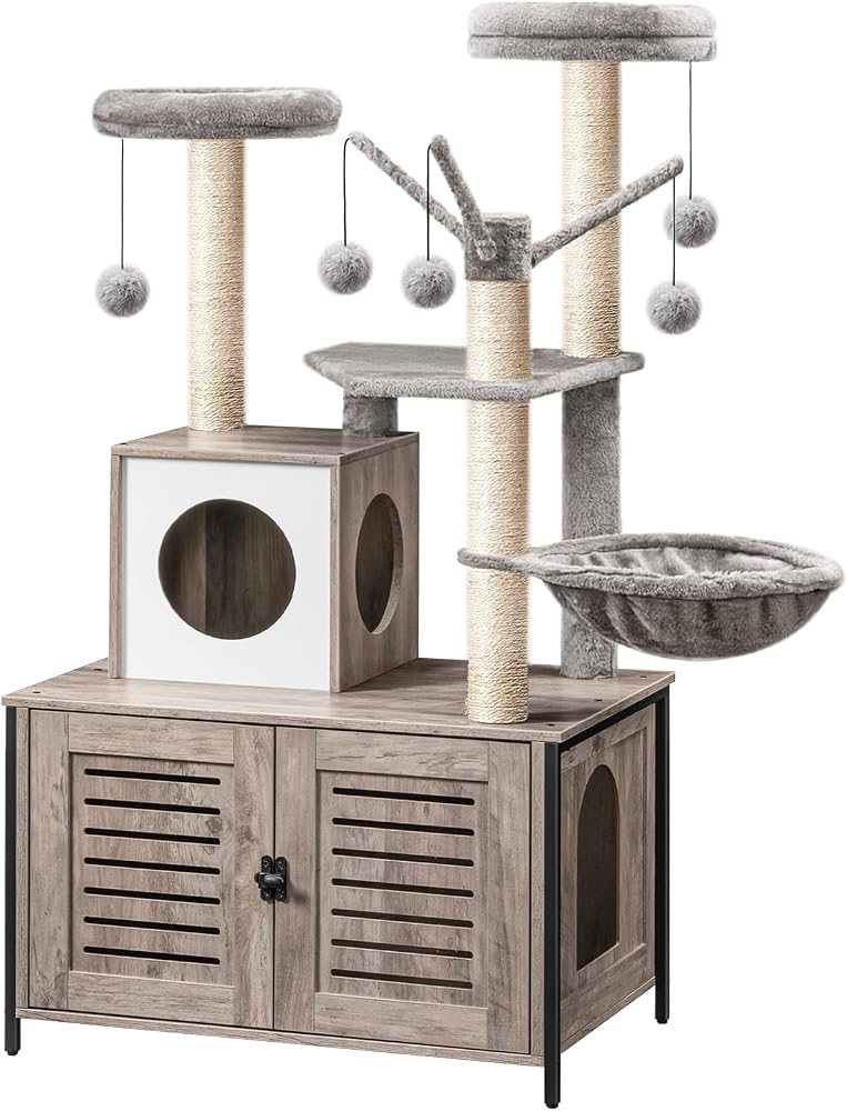 HOOBRO BG14MZ03 greige wooden cat tree with litter box enclosure, hammock and observation decks