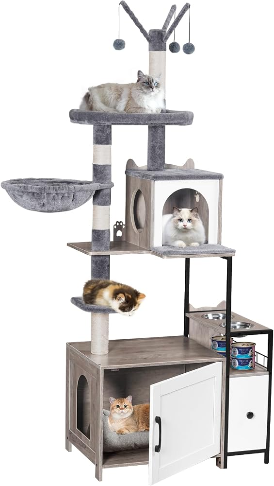 Snughome 3-in-1 modern cat tower with cat-shaped condo, food station and hidden litter box enclosure