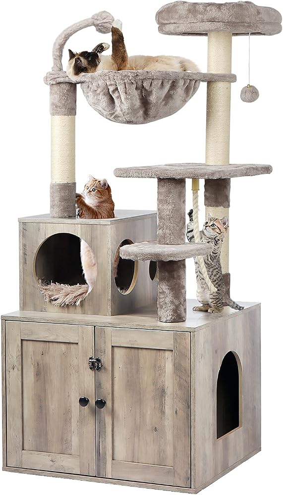 Timberer 2-in-1 wooden cat tree tower with litter box enclosure and plush platforms