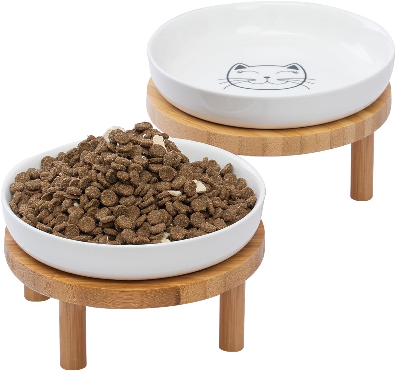 Lusifaco Shallow Wide Elevated Cat Bowls with Bamboo Stand