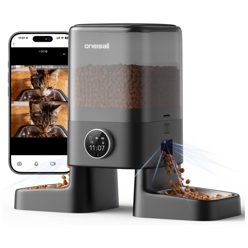 oneisall Automatic Cat Feeder with Camera and Dual Bowls for Two Cats