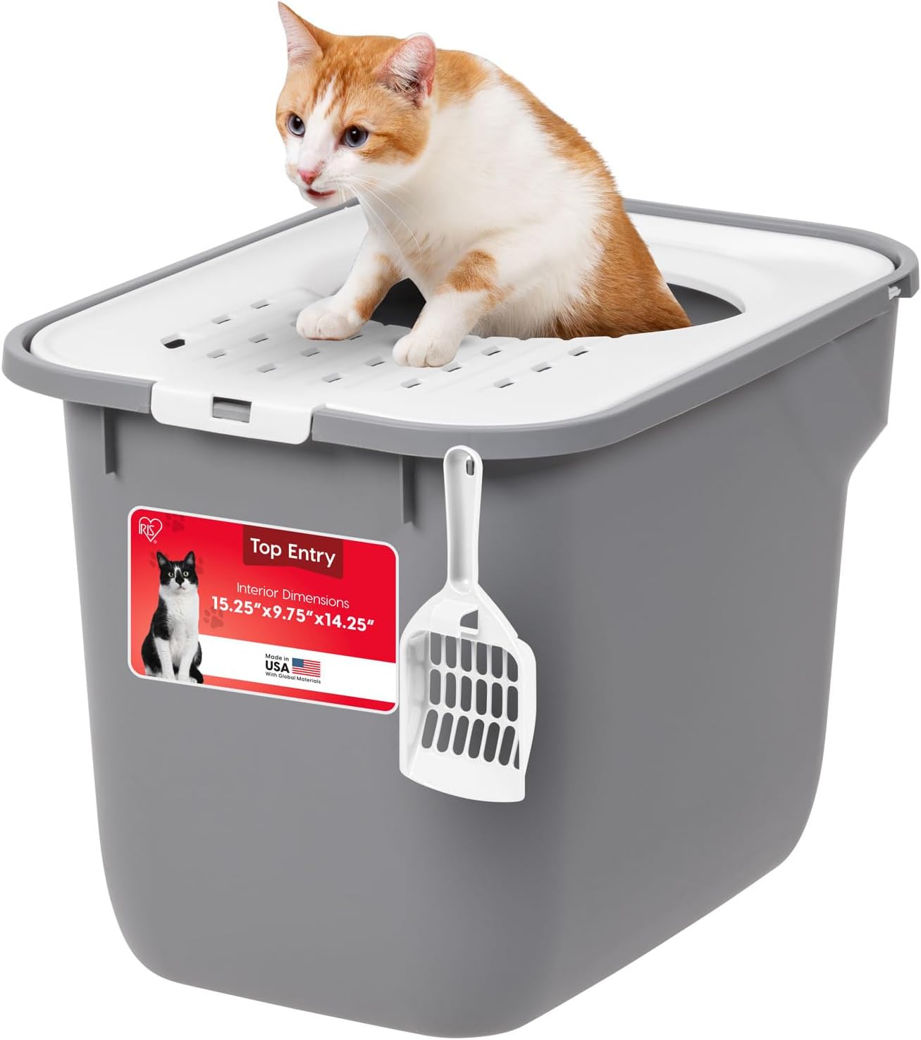 IRIS USA Cat Litter Box - Top Entry, Large, Gray/White
