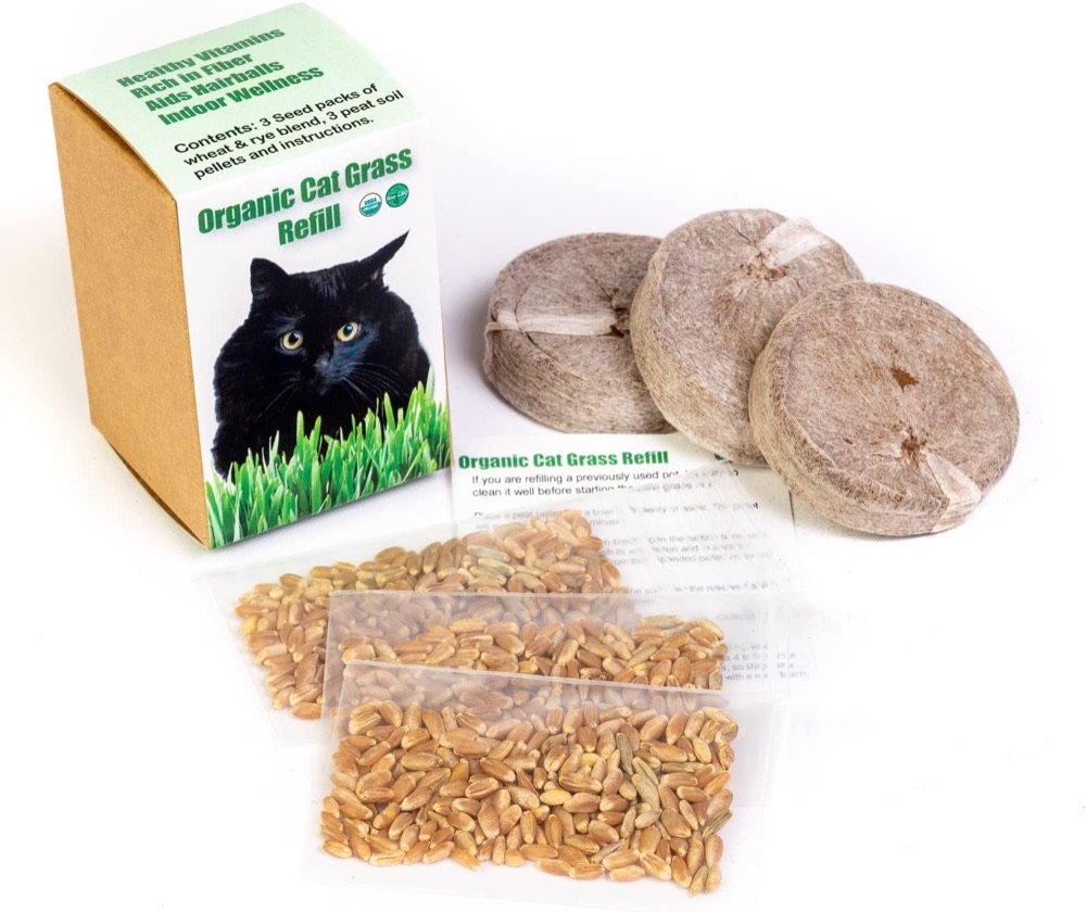 organic cat grass refill kit with three seed packs and peat soil pellets