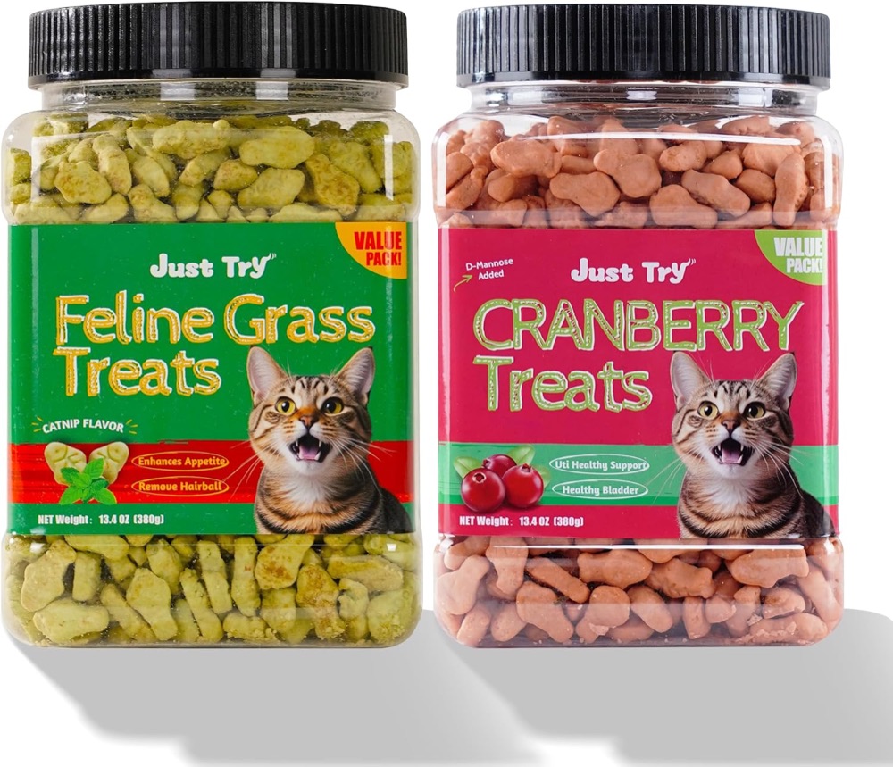 Just Try cat grass treats bag with salmon and catnip biscuits