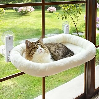 AMOSIJOY Cordless Cat Window Perch with Cushion Bed, Metal Frame (L, White)