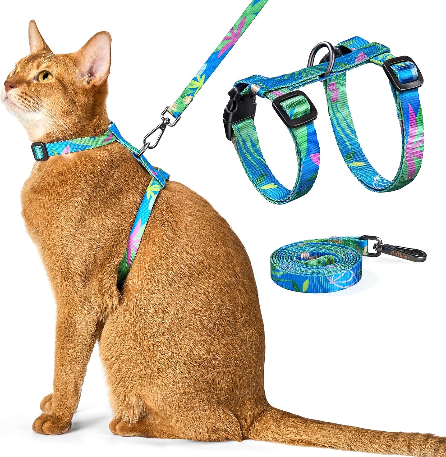 PetThem Adjustable Cat Harness and Leash Set Escape Proof (Hawaii Green)