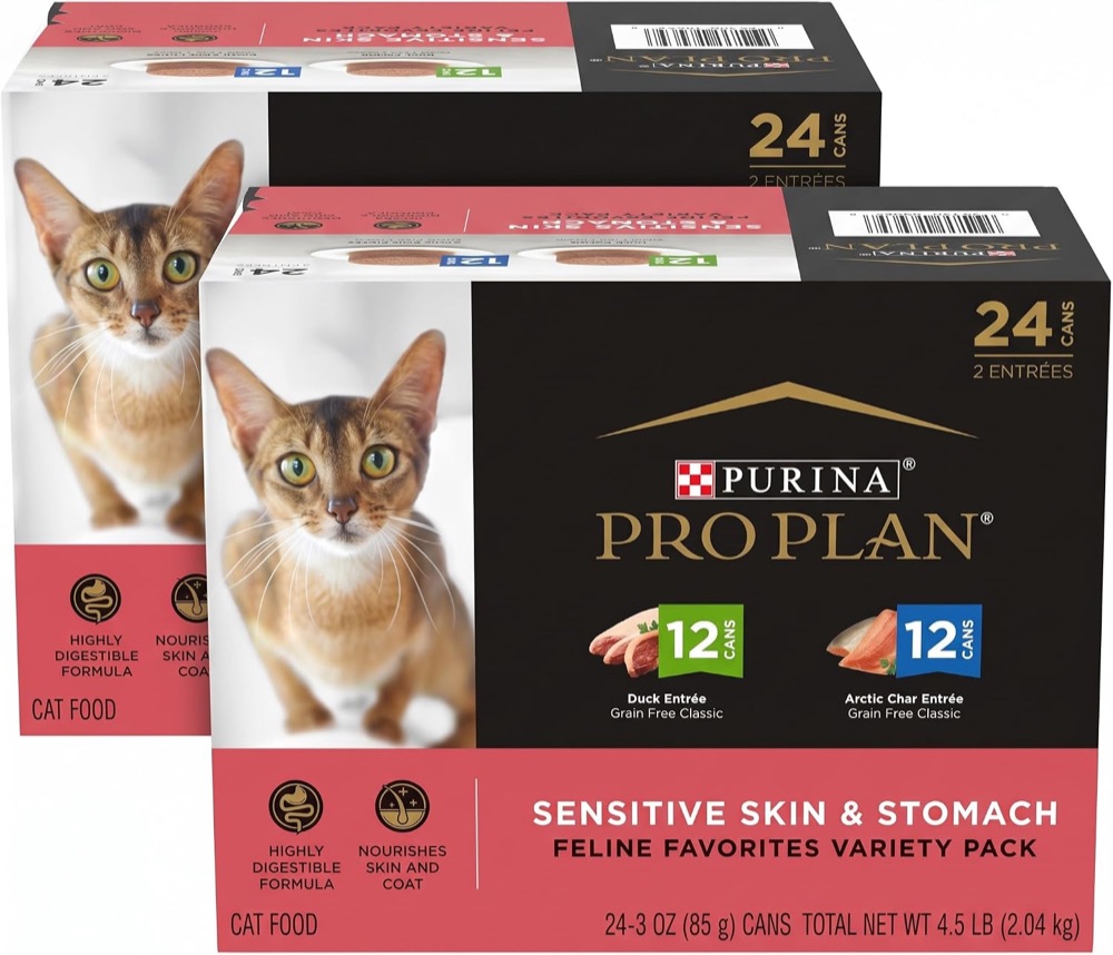 Purina Pro Plan Sensitive Skin and Stomach variety pack of wet cat food cans
