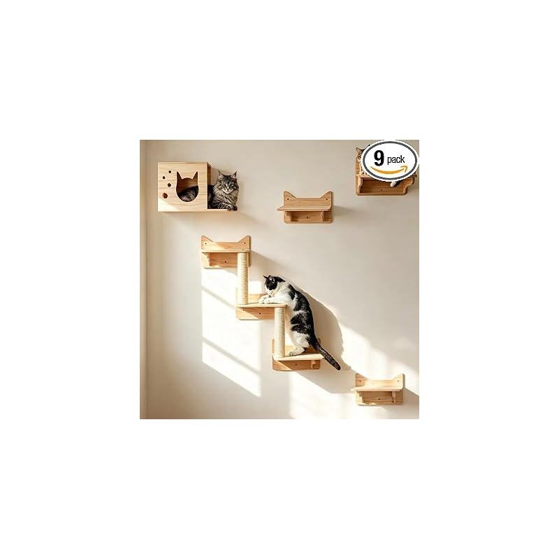 9-Piece Cat Wall Furniture for Large Cats, solid pine with cat house, ladder and sisal scratching posts