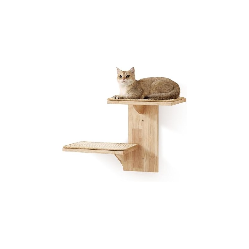 FUKUMARU Cat Wall Shelves 2 Platform Tree Shape Wall-Mounted Floating Shelf with sisal mat, natural rubber wood