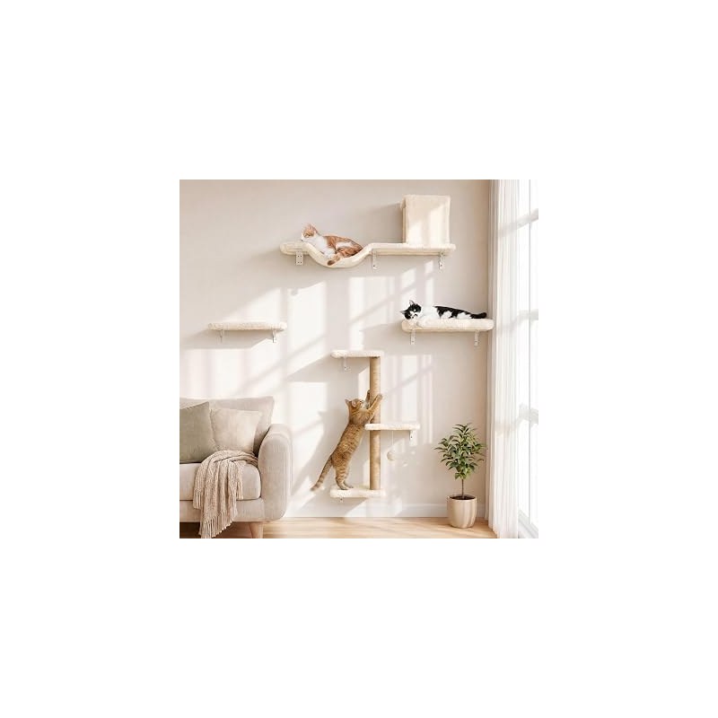 FUKUMARU Cat Wall Shelves 4-in-1 Set, Beige, with bridge, wall bed, scratching post and shelf