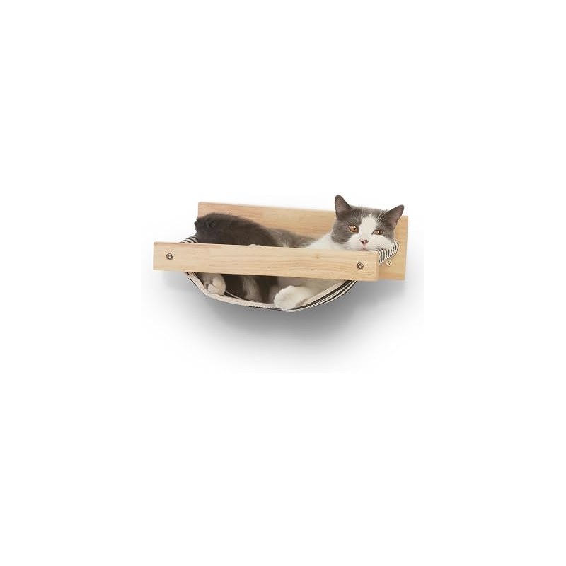 FUKUMARU Hammock Wall Mounted Cat Bed and Perch, Black Stripe, natural rubber wood