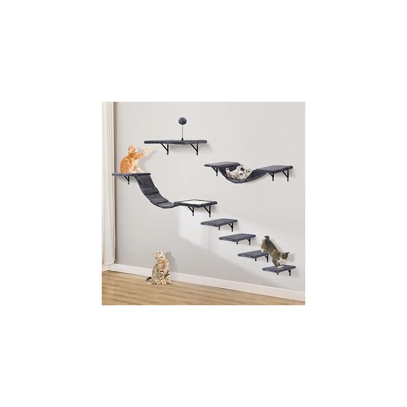 Sobly Wall-Mounted Cat Climber Set, 7 pieces, with climbing shelves, perches, bridge, hammock and scratching board, dark grey